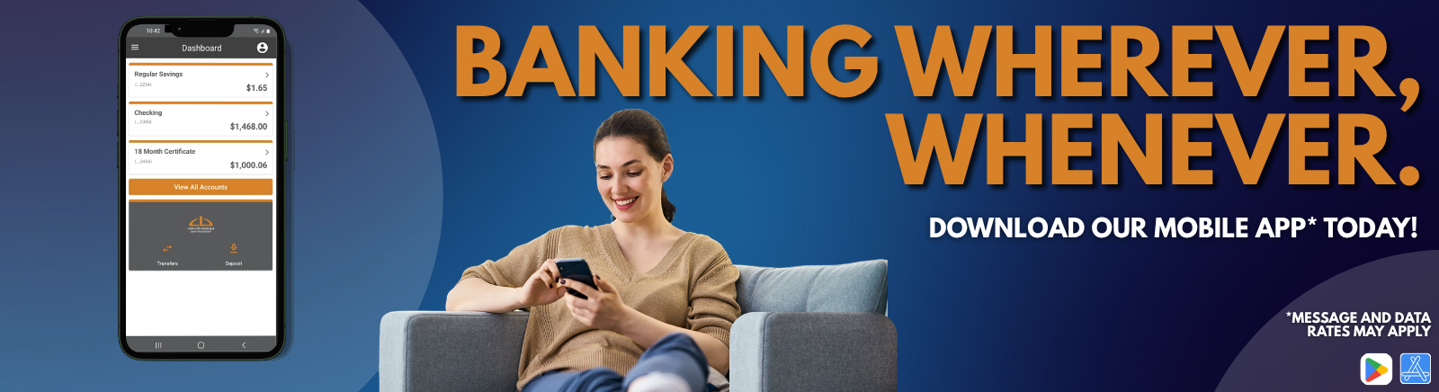 Bank anywhere with our mobile app; woman sitting on couch using the app