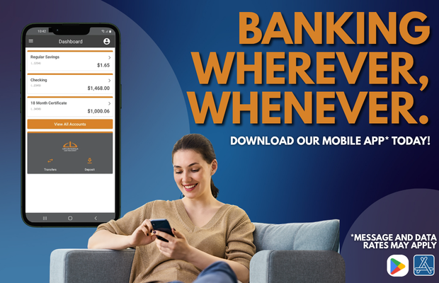Bank anywhere with our mobile app; woman sitting on couch using the app